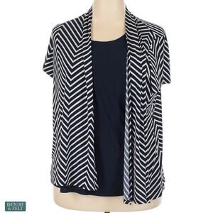 Liz McCoy Chevron Stripe Navy White Layered Short Sleeve Top 3X Stretch NEW
